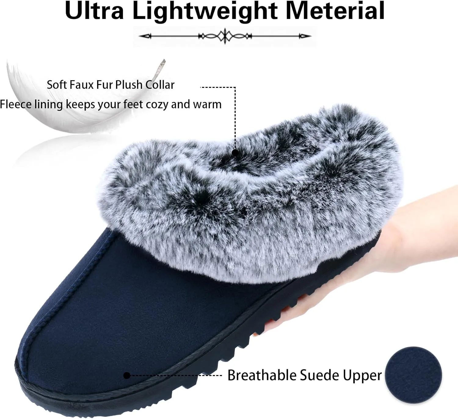 LORDFON Womens Slippers with Memory Foam,Winter House Slippers for Women with Warm Faux Fur Collar,Cozy Slip-on Bedroom Indoor Shoes
