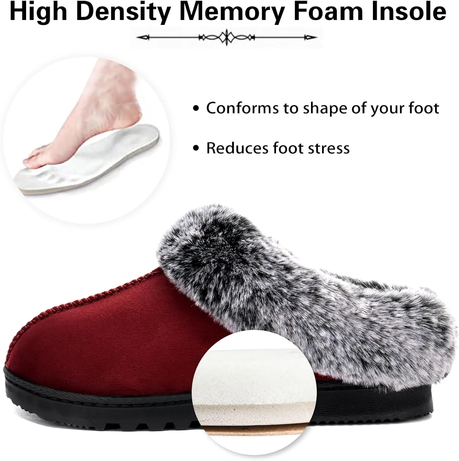 LORDFON Womens Slippers with Memory Foam,Winter House Slippers for Women with Warm Faux Fur Collar,Cozy Slip-on Bedroom Indoor Shoes