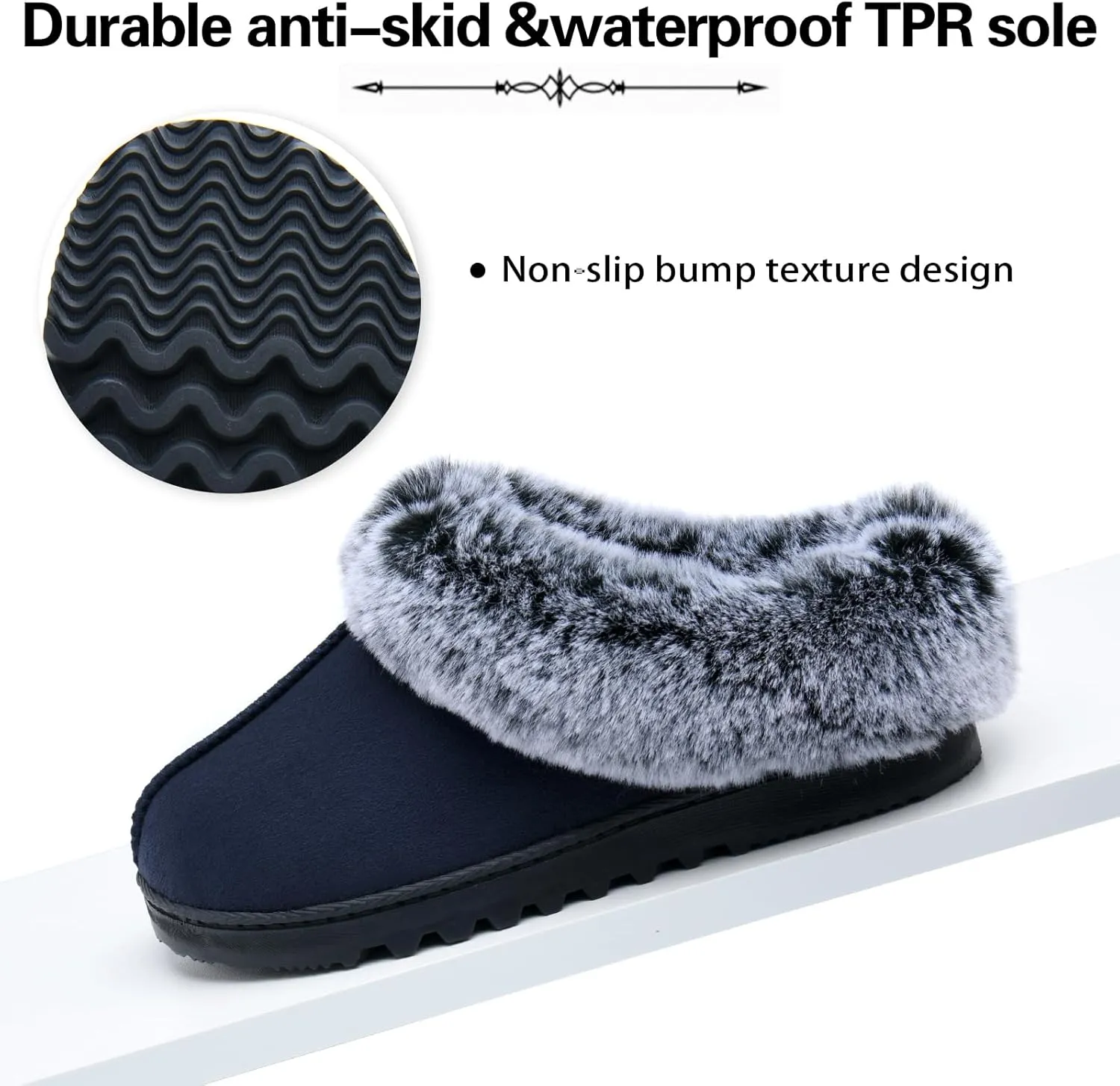 LORDFON Womens Slippers with Memory Foam,Winter House Slippers for Women with Warm Faux Fur Collar,Cozy Slip-on Bedroom Indoor Shoes