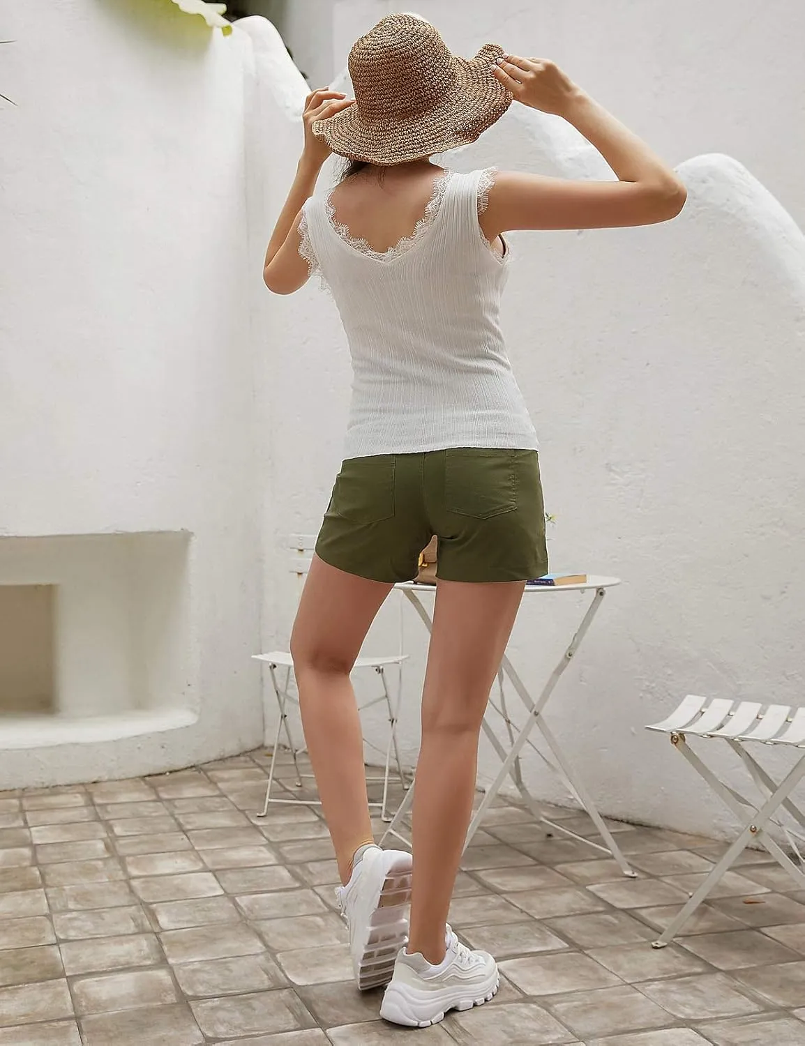 Maacie Maternity Shorts Over Belly Linen Cotton Comfy Shorts with Pockets