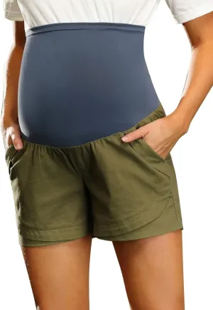 Maacie Maternity Shorts Over Belly Linen Cotton Comfy Shorts with Pockets