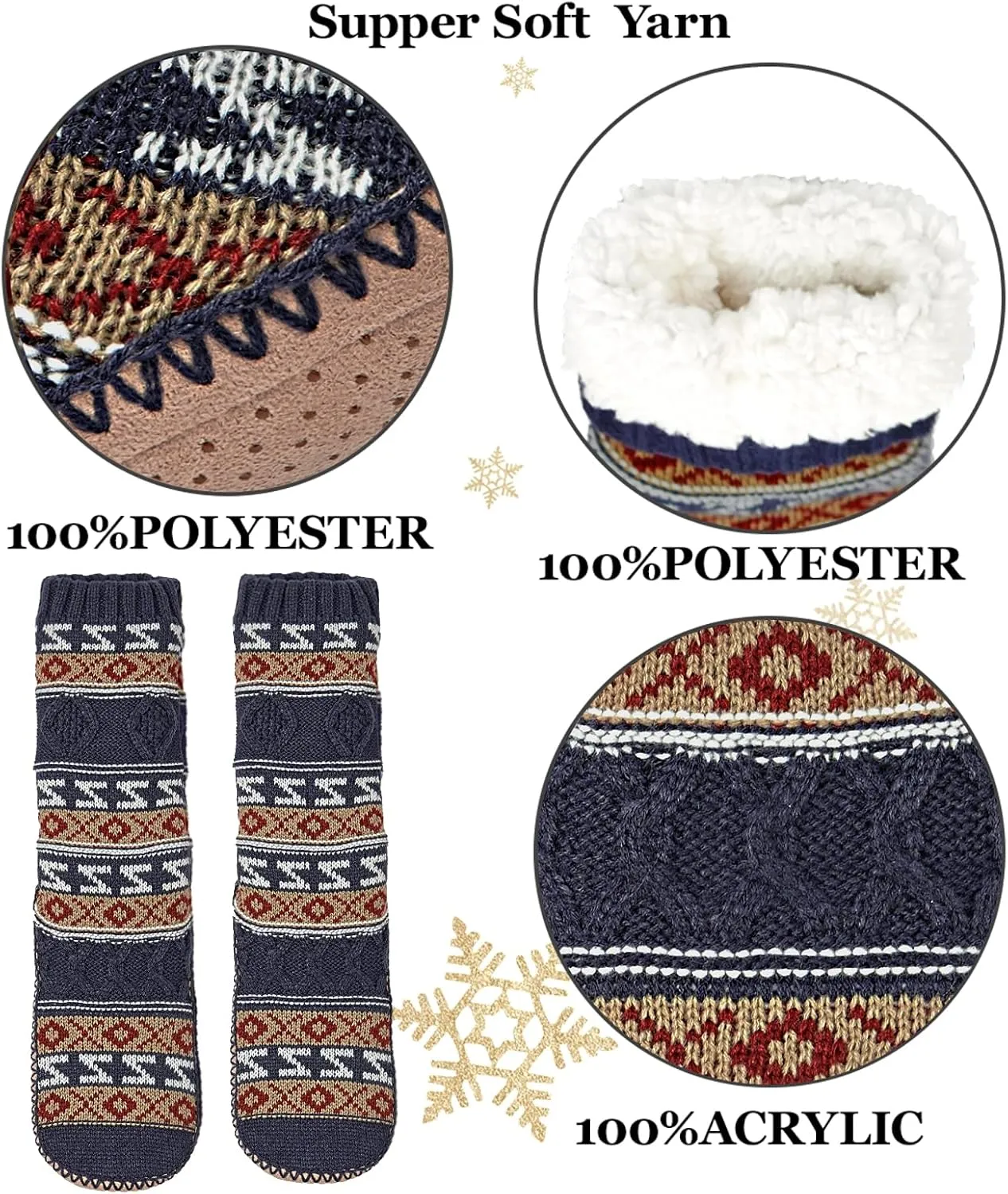 Men's Slipper Socks, Winter Cable Knit Non-Skid Warm Slipper Socks, Cozy Soft Indoor Socks with Fluffy Sherpa Lined