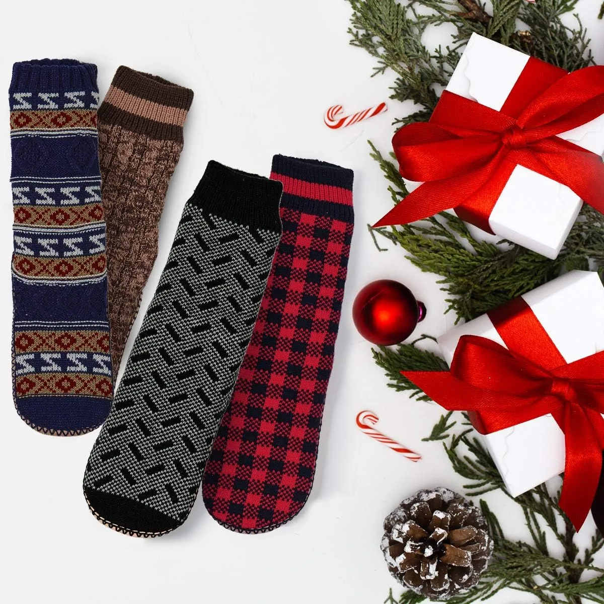 Men's Slipper Socks, Winter Cable Knit Non-Skid Warm Slipper Socks, Cozy Soft Indoor Socks with Fluffy Sherpa Lined