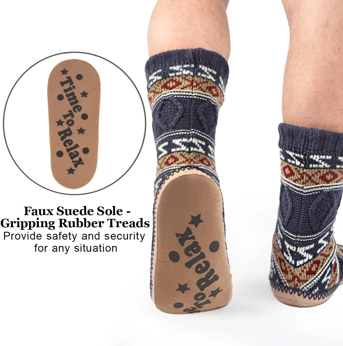 Men's Slipper Socks, Winter Cable Knit Non-Skid Warm Slipper Socks, Cozy Soft Indoor Socks with Fluffy Sherpa Lined