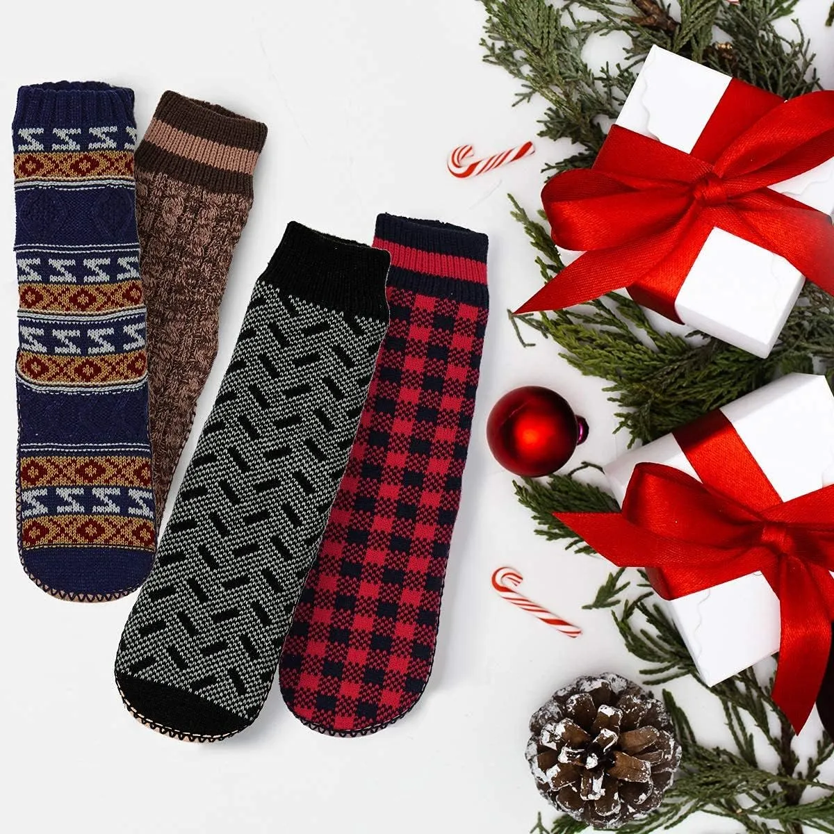 Men's Slipper Socks, Winter Cable Knit Non-Skid Warm Slipper Socks, Cozy Soft Indoor Socks with Fluffy Sherpa Lined