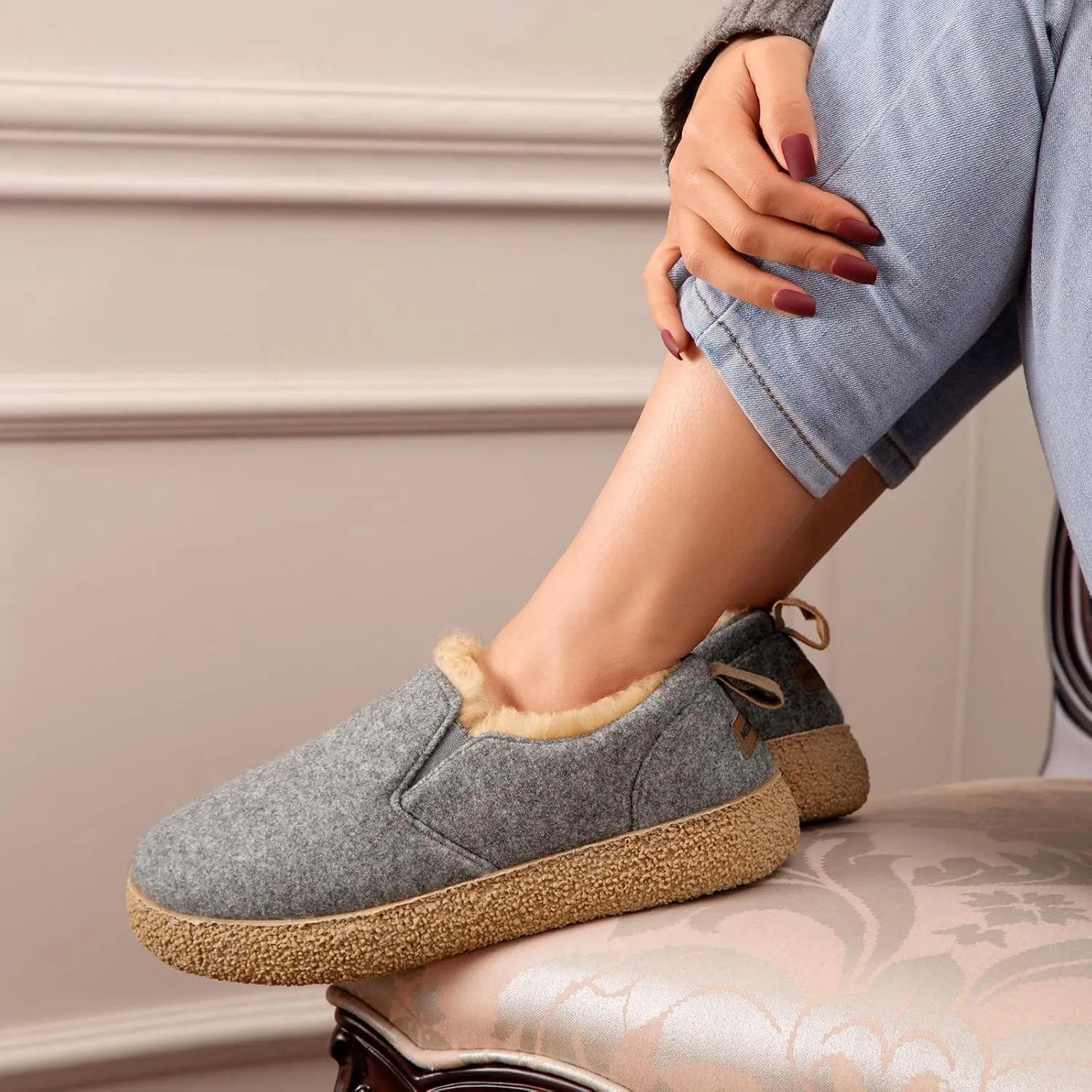 MERRIMAC Women's and Men's Faux Felt Slippers Closed-back Warm Comfy Non-slip Memory Foam Indoor House Shoes with Elastic Gores