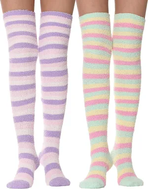 MOGGEI Womens Thigh High Fuzzy Socks Warm Winter Over Knee High Long Striped Fluffy Cozy Fleece Socks 2 Pairs