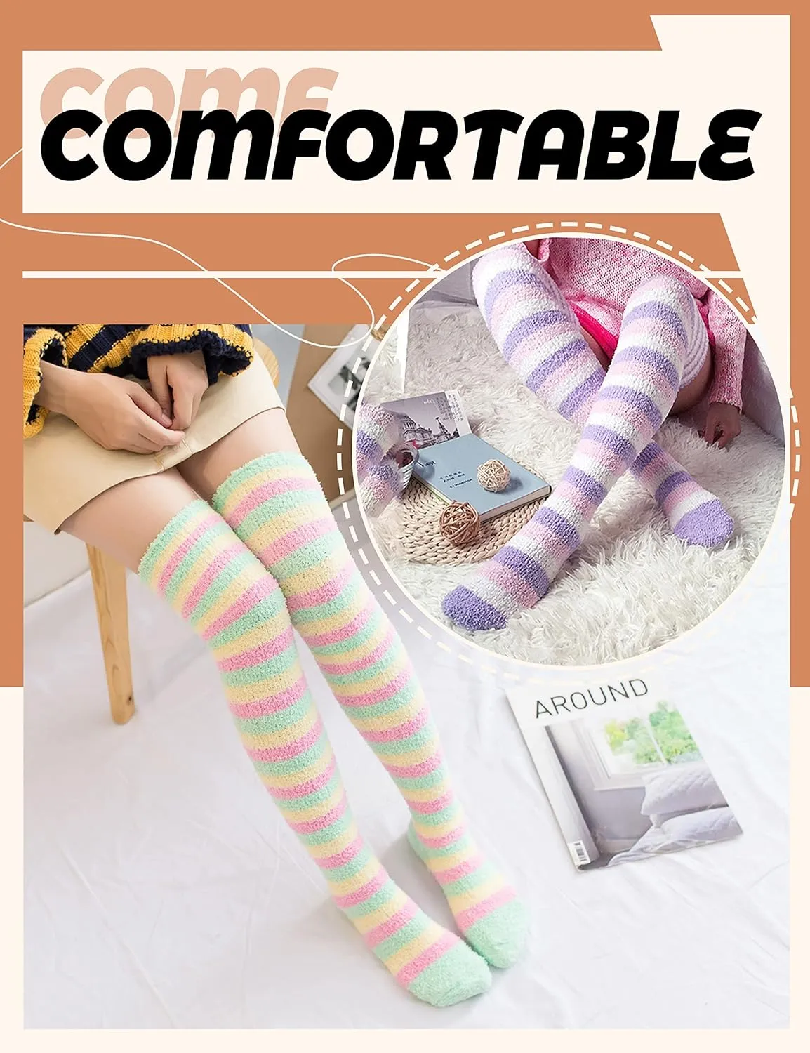 MOGGEI Womens Thigh High Fuzzy Socks Warm Winter Over Knee High Long Striped Fluffy Cozy Fleece Socks 2 Pairs