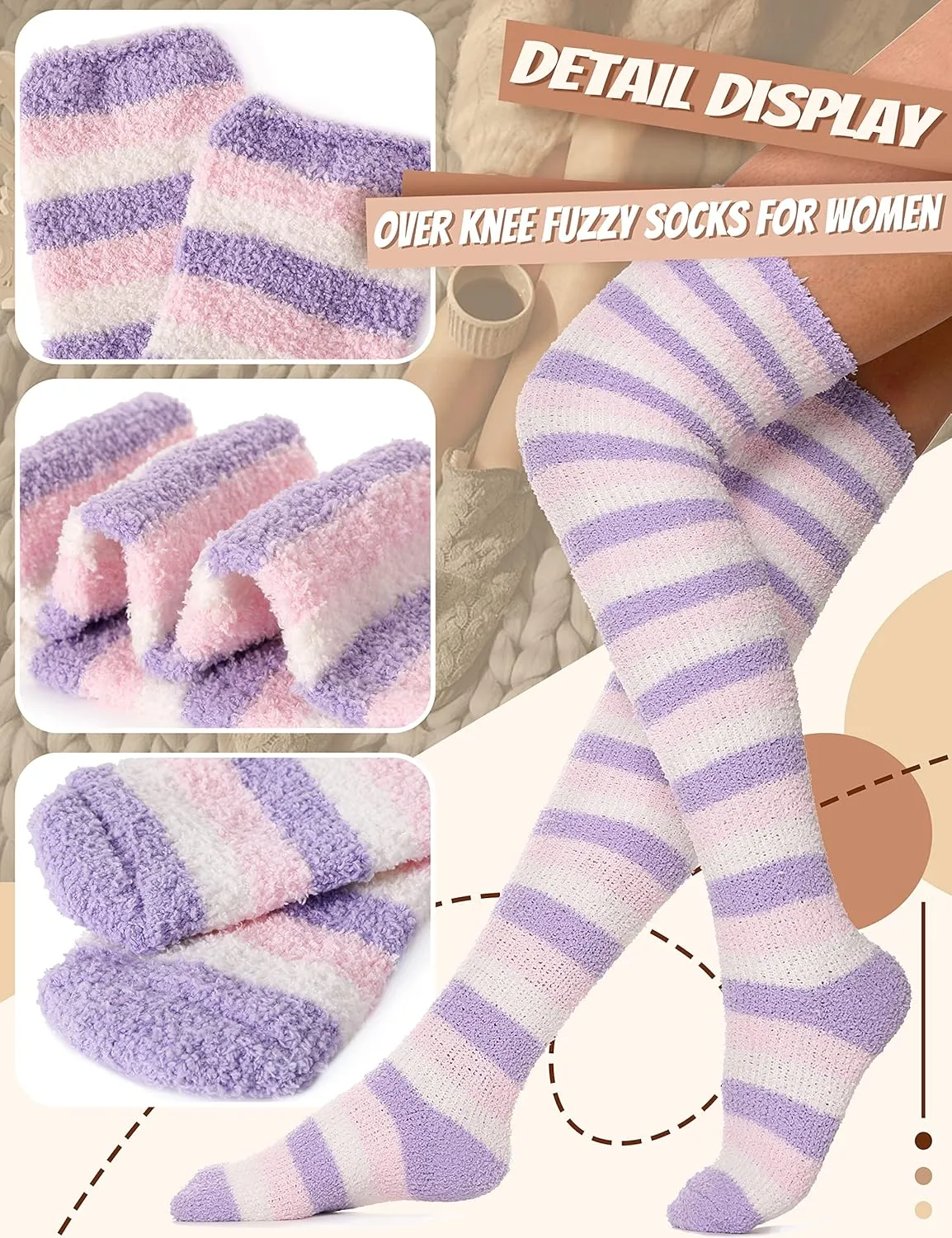 MOGGEI Womens Thigh High Fuzzy Socks Warm Winter Over Knee High Long Striped Fluffy Cozy Fleece Socks 2 Pairs
