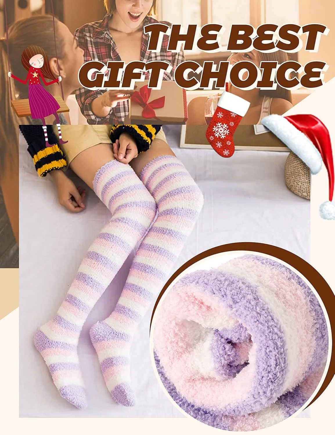 MOGGEI Womens Thigh High Fuzzy Socks Warm Winter Over Knee High Long Striped Fluffy Cozy Fleece Socks 2 Pairs