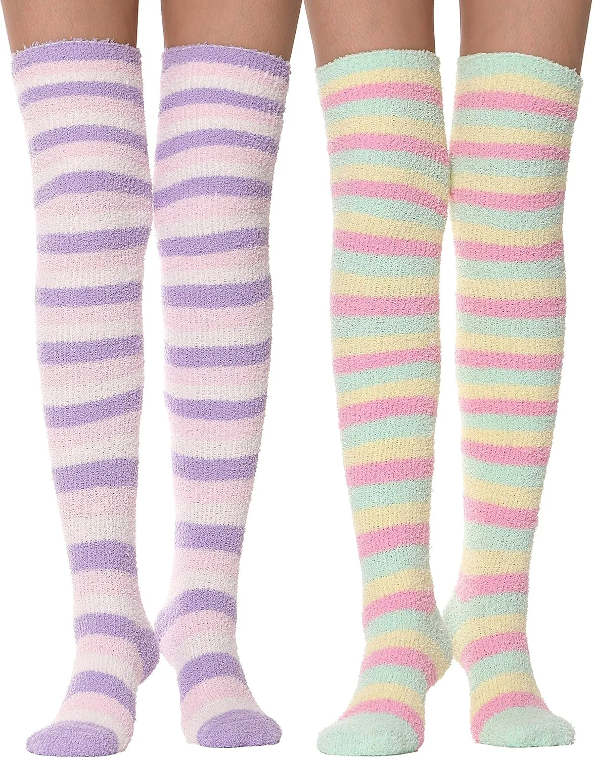 MOGGEI Womens Thigh High Fuzzy Socks Warm Winter Over Knee High Long Striped Fluffy Cozy Fleece Socks 2 Pairs