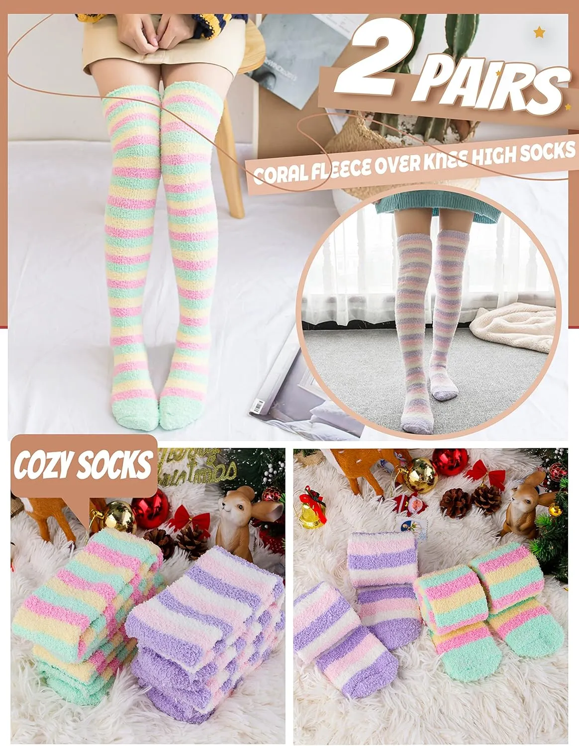 MOGGEI Womens Thigh High Fuzzy Socks Warm Winter Over Knee High Long Striped Fluffy Cozy Fleece Socks 2 Pairs