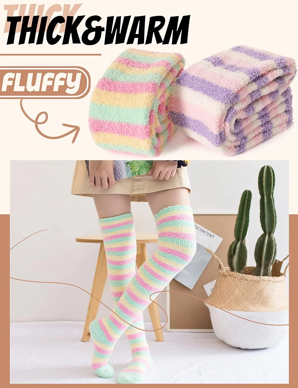 MOGGEI Womens Thigh High Fuzzy Socks Warm Winter Over Knee High Long Striped Fluffy Cozy Fleece Socks 2 Pairs