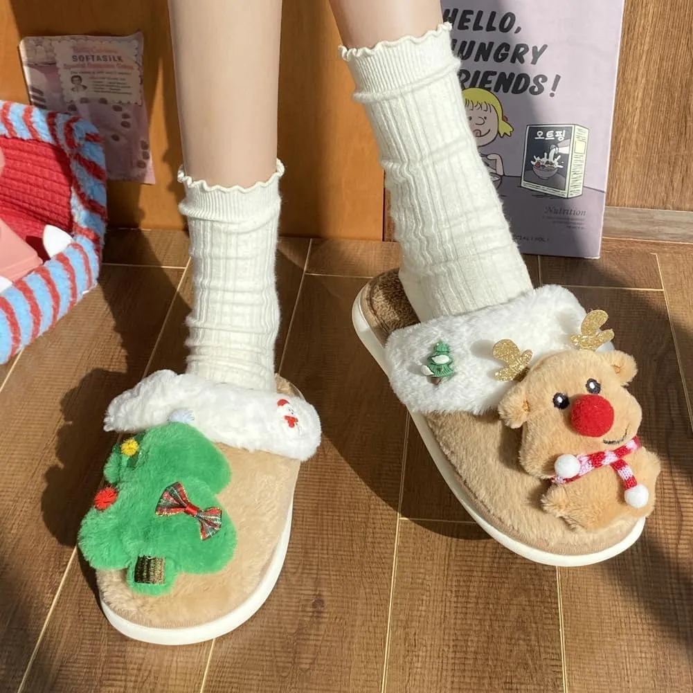 Molodo Women's Reindeer Slippers - Warm, Fuzzy, Kawaii Indoor/Outdoor House Shoes