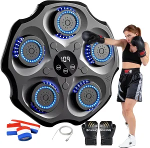 Music Boxing Machine Wall Mounted – LED Light Smart Boxing Trainer with Bluetooth, 9 Speeds & Modes – Includes Gloves, Headband, Type-C Cable – for Kids & Adults Home Workout & Game
