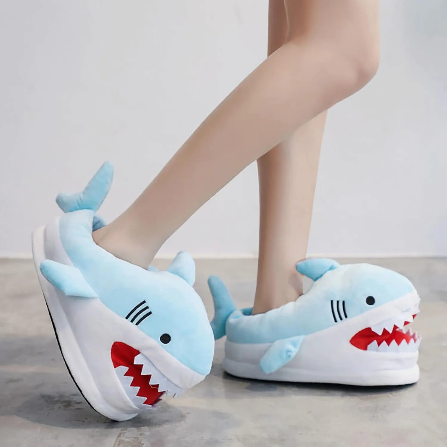 Novelty Animal Little Blue Shark Plush Slippers - Warm Winter House Shoes for Women