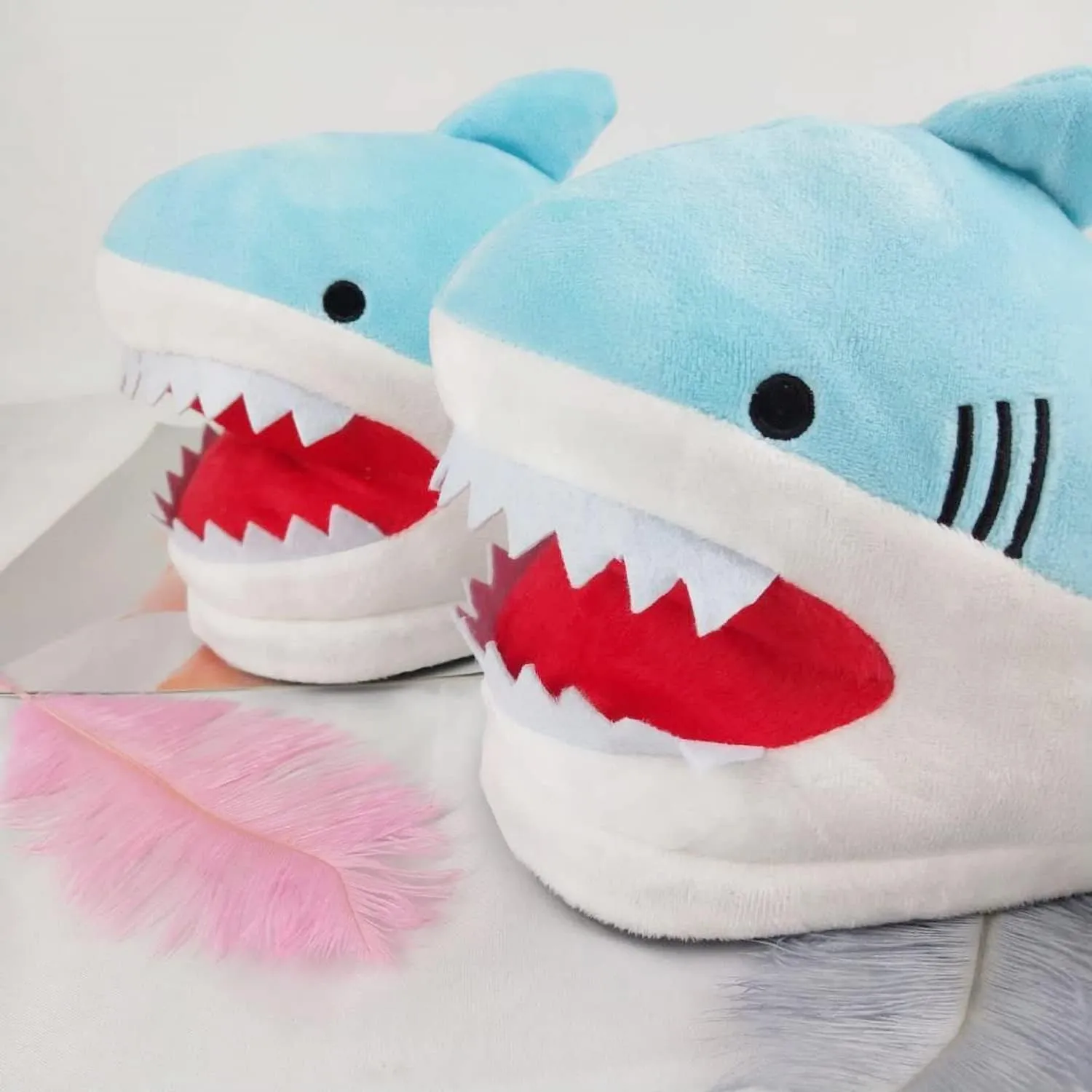 Novelty Animal Little Blue Shark Plush Slippers - Warm Winter House Shoes for Women