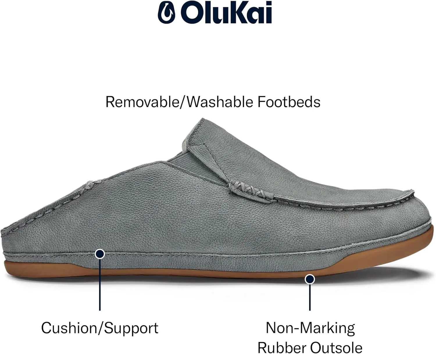 OLUKAI Kipuka Hulu Men's Leather Slippers, Premium Nubuck Leather Slip On Shoes, Shearling Lining & Gel Insert, Drop-In Heel Design