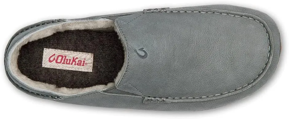 OLUKAI Kipuka Hulu Men's Leather Slippers, Premium Nubuck Leather Slip On Shoes, Shearling Lining & Gel Insert, Drop-In Heel Design