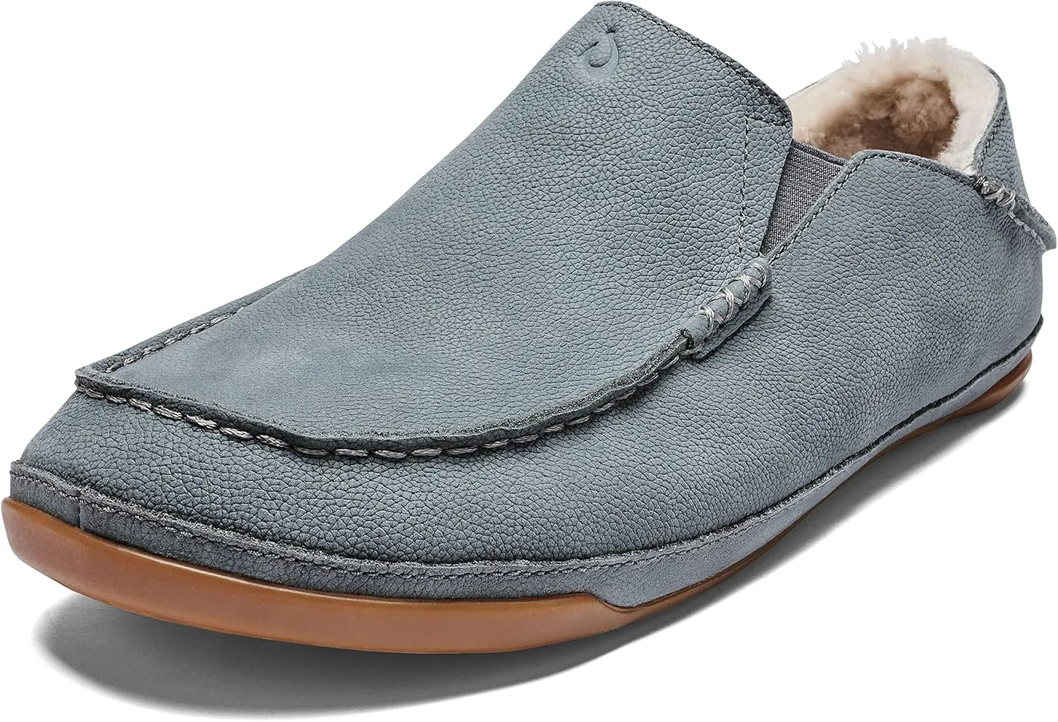 OLUKAI Kipuka Hulu Men's Leather Slippers, Premium Nubuck Leather Slip On Shoes, Shearling Lining & Gel Insert, Drop-In Heel Design