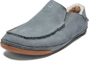 OLUKAI Kipuka Hulu Men's Leather Slippers, Premium Nubuck Leather Slip On Shoes, Shearling Lining & Gel Insert, Drop-In Heel Design