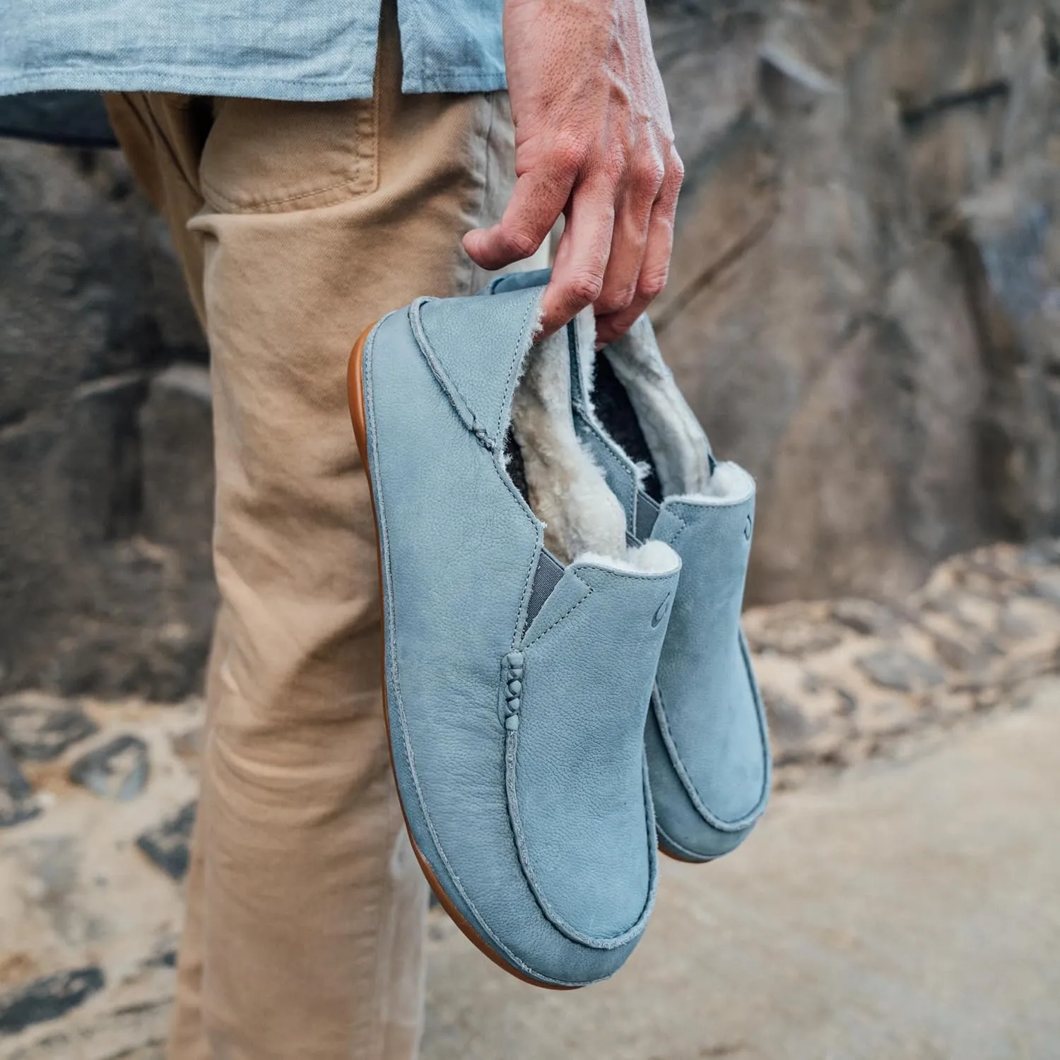 OLUKAI Kipuka Hulu Men's Leather Slippers, Premium Nubuck Leather Slip On Shoes, Shearling Lining & Gel Insert, Drop-In Heel Design