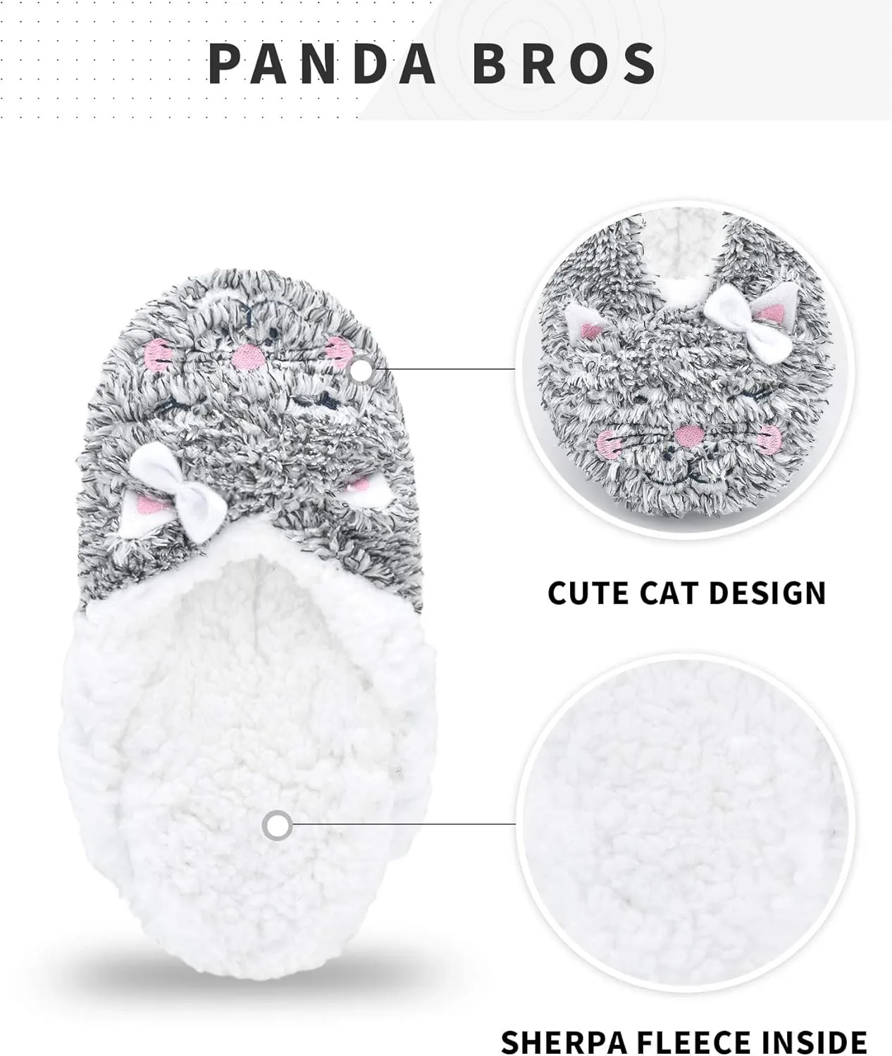 Panda Bros Slipper Socks With Non-Slip Grippers, Cute Fuzzy Warm Cat Animal House Slippers
