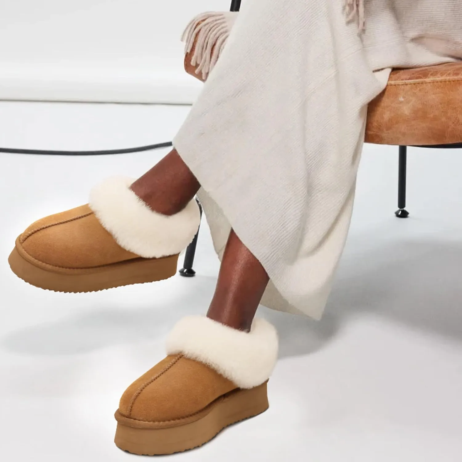 Pasuot Platform Slippers for Women - Furry Lined Platform Clogs Slippers, Shearling Short Ankle Slippers Boots, Warm Cozy Winter Closed-back Slipper Bootie for Indoor Outdoor, House Slipper Shoes