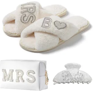 Personalized Initial Bridal Shower Gifts Box Set, Bride Slippers MRS Cosmetic Bag Bride Hair Clip Wedding Gifts for Bride, Bride to be Gifts bachelorette gifts