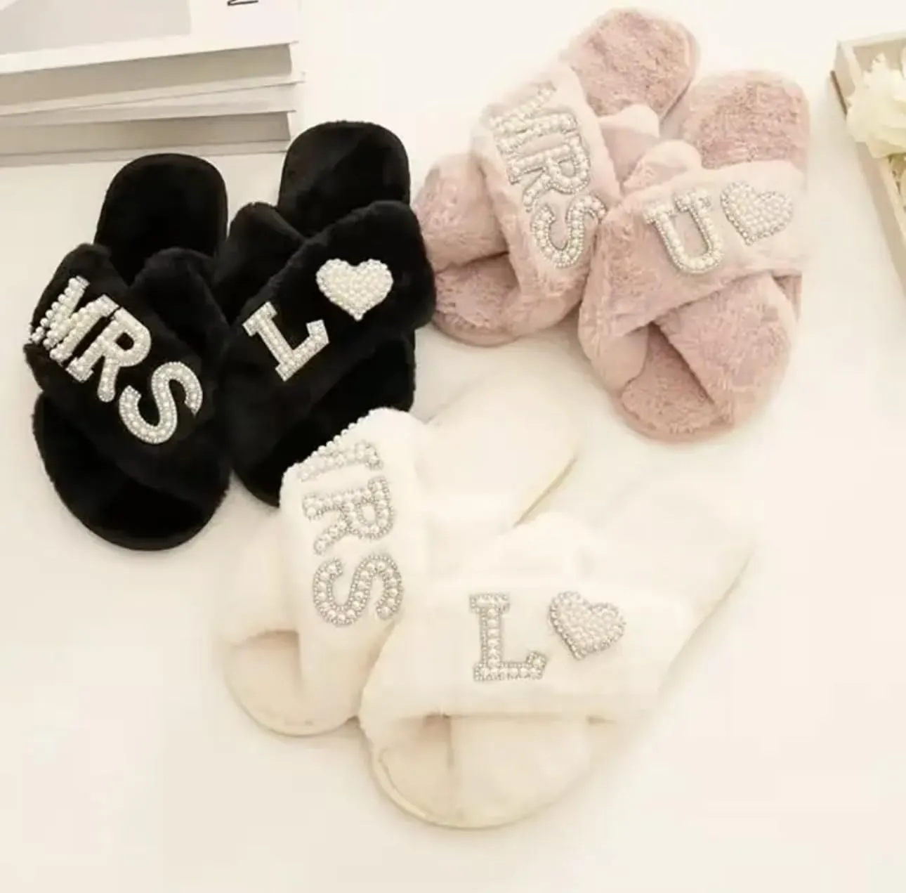 Personalized Initial Wedding Bride Slippers MRS Pearl Letter Bridal Shower Gifts for Wedding Day (Ivory M)