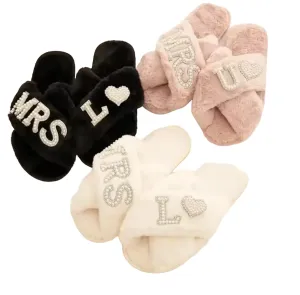 Personalized Initial Wedding Bride Slippers MRS Pearl Letter Bridal Shower Gifts for Wedding Day (Ivory M)