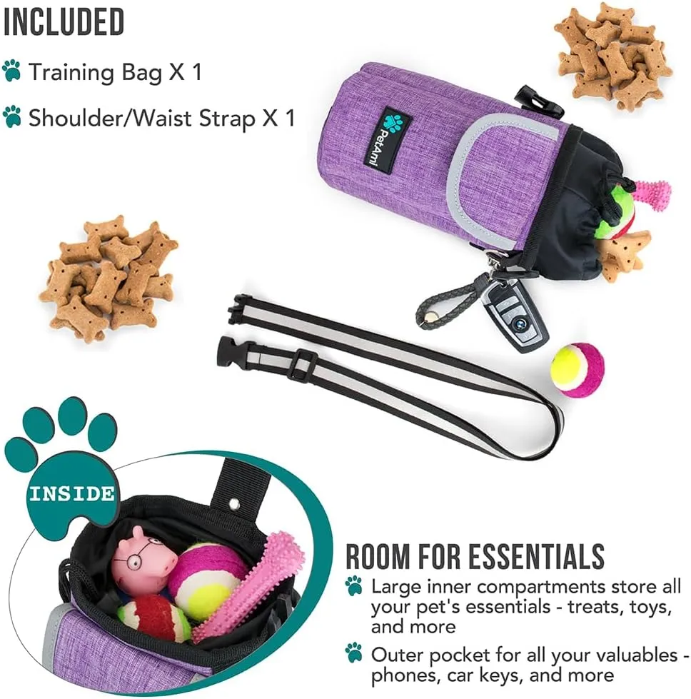 PetAmi Dog Treat Pouch, Large Pet Training Treat Pouch with Pocket, Dog Trainer Essentials Supply Holder with Poop Bag Dispenser, Training Bag for Kibbles Toys, 3 Ways to Wear (Purple)