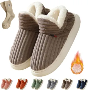 Pluffi Slipper Booties Women Men, Winter Anti-Slip Warm fluffy slippers Shoes, Plush Striped Ankle Heeled Cloud Slides