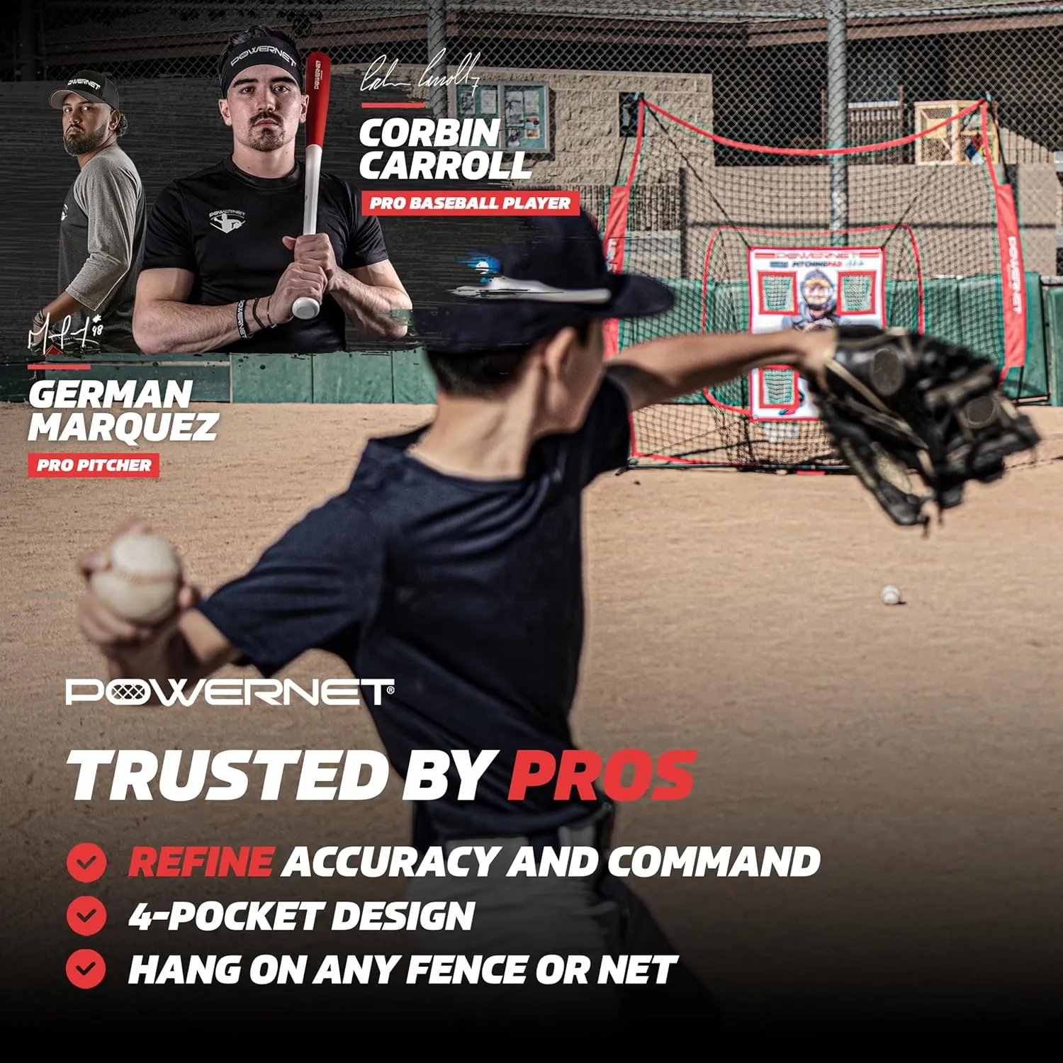 PowerNet Pitching Pad - 4 Pocket Softball Pitch Trainer with 7x7 FT Net, Realistic Catcher for Cages & Practice