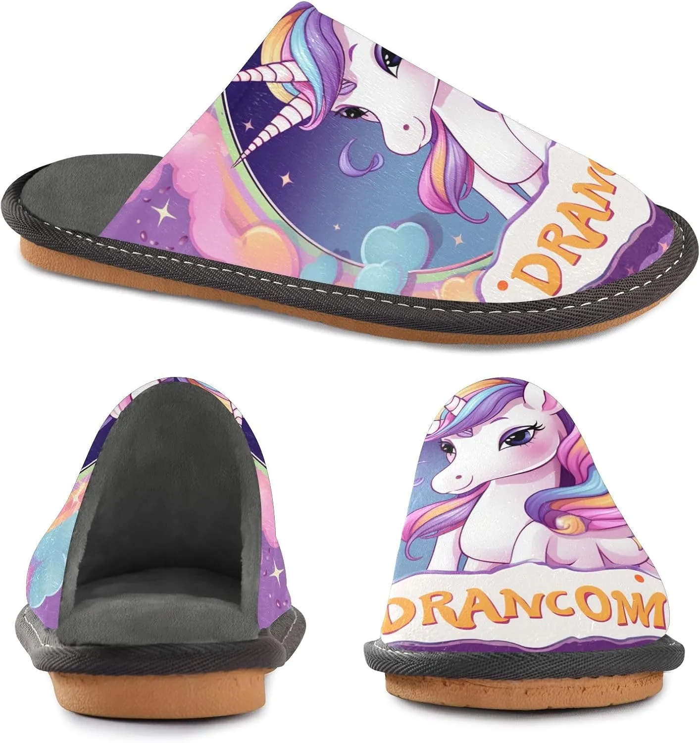 Purple Unicorn House Slippers, Non Slip Slippers for Women Men Warm Slippers House Shoes Indoor Outdoor Slippers