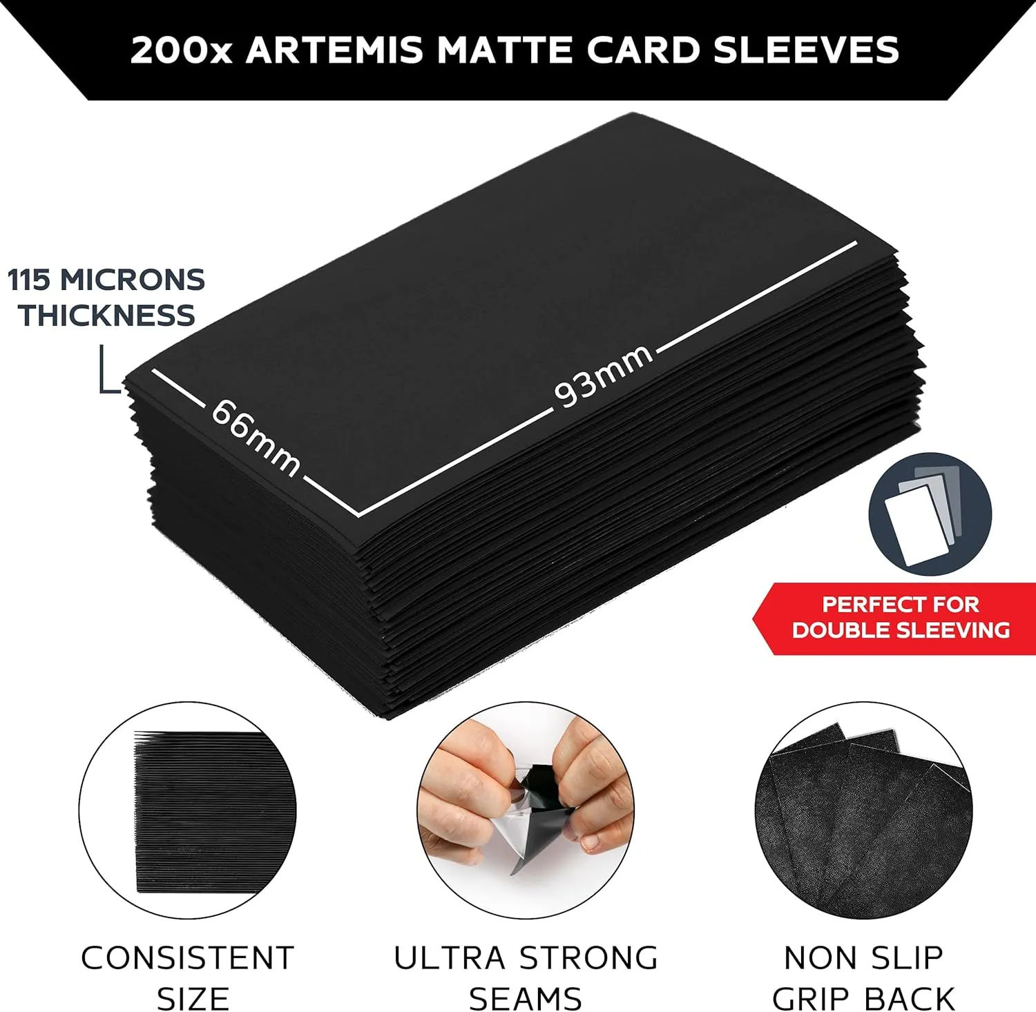 Quiver Time 200 Artemis Standard Size Black Card Sleeves fits Magic: The Gathering Cards - Single Matte TCG Card Protectors Deck Sleeves for Cards for Double Sleeving (66x93mm)