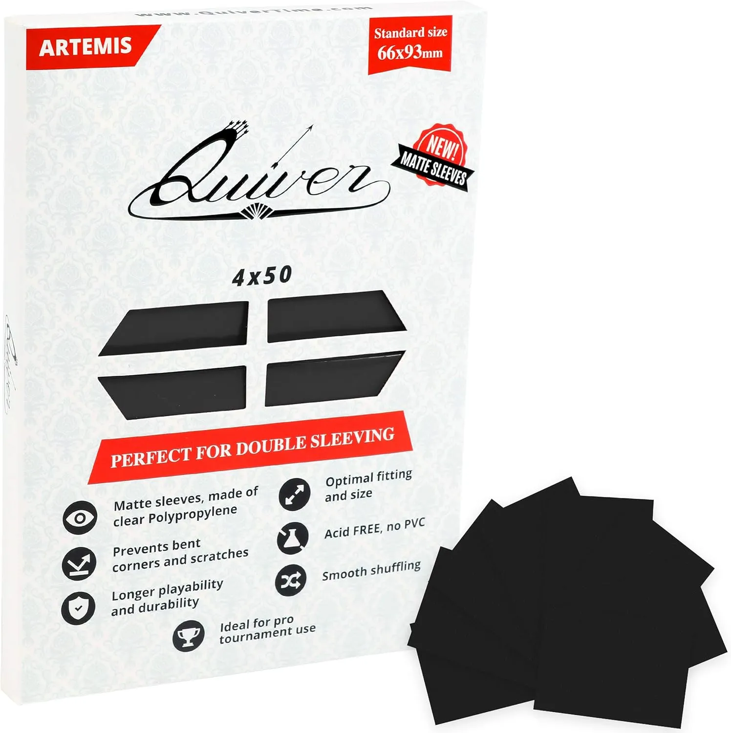 Quiver Time 200 Artemis Standard Size Black Card Sleeves fits Magic: The Gathering Cards - Single Matte TCG Card Protectors Deck Sleeves for Cards for Double Sleeving (66x93mm)