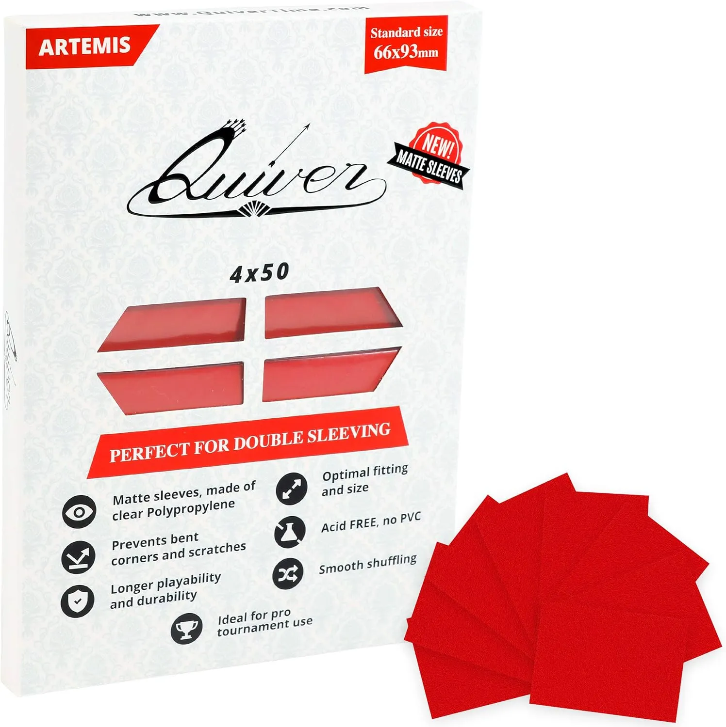 Quiver Time 200 Artemis Standard Size Red Card Sleeves fits Magic: The Gathering Cards - Single Matte TCG Card Protectors Deck Sleeves for Cards for Double Sleeving (66x93mm)
