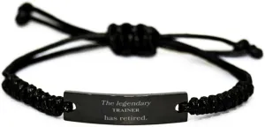 Retirement Trainer Gifts, The legendary Trainer has retired, Appreciation Birthday Black Rope Bracelet for Trainer, Men, Women, Friends, Coworkers