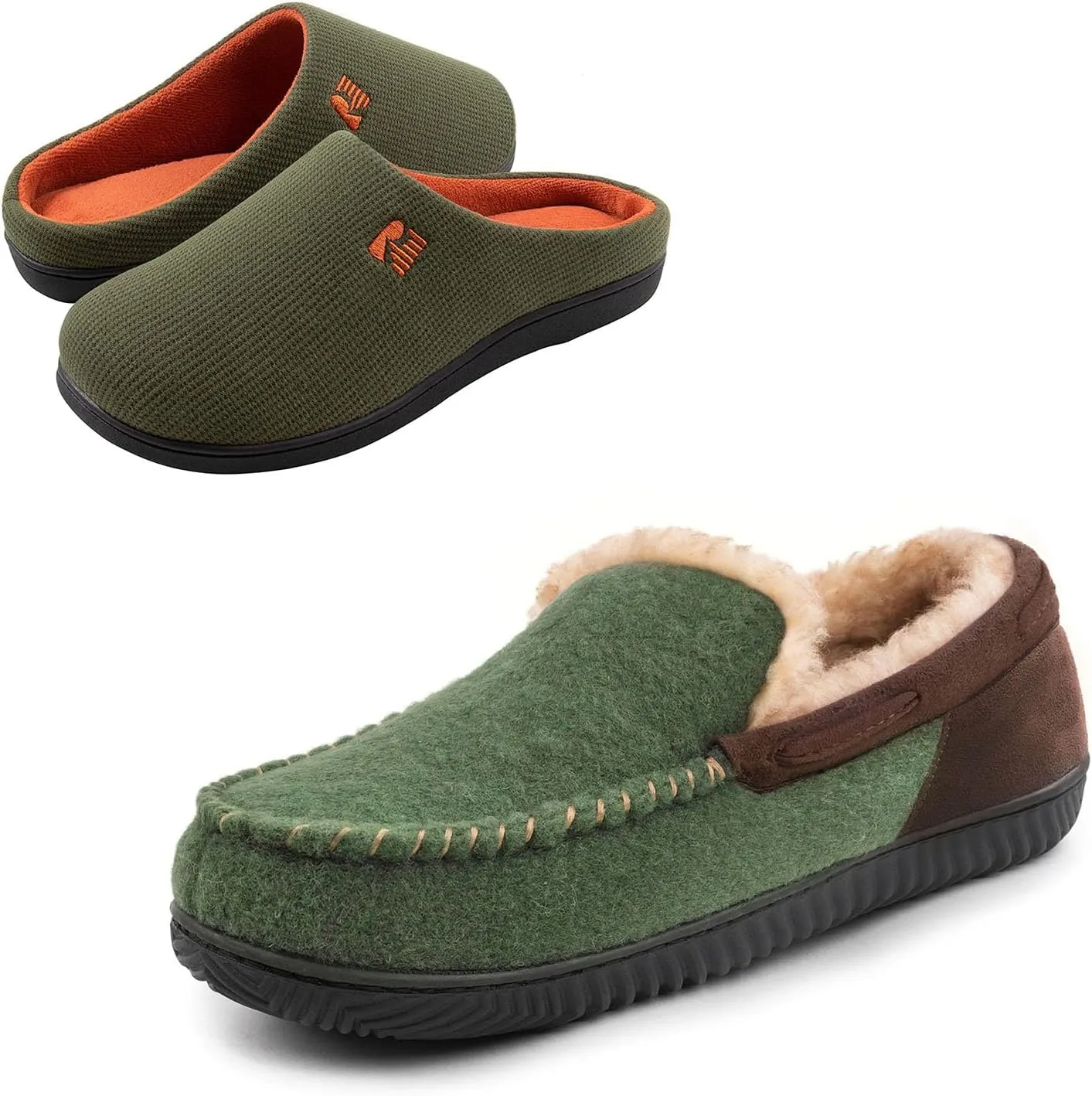RockDove Set of 2 Pairs - US Size 9, Men's Original Two-Tone Memory Foam Slipper (Hunter Green) Men's Hearthfire Memory Foam Moc Slipper (Emerald)