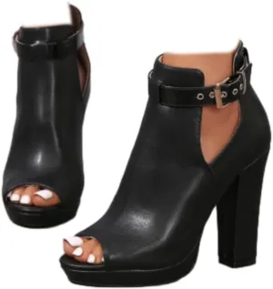 SACFOF Women's Cutout Peep Toe Stacked Chunky Heels Sandals Summer Ankle Strap Buckle High Heel Booties