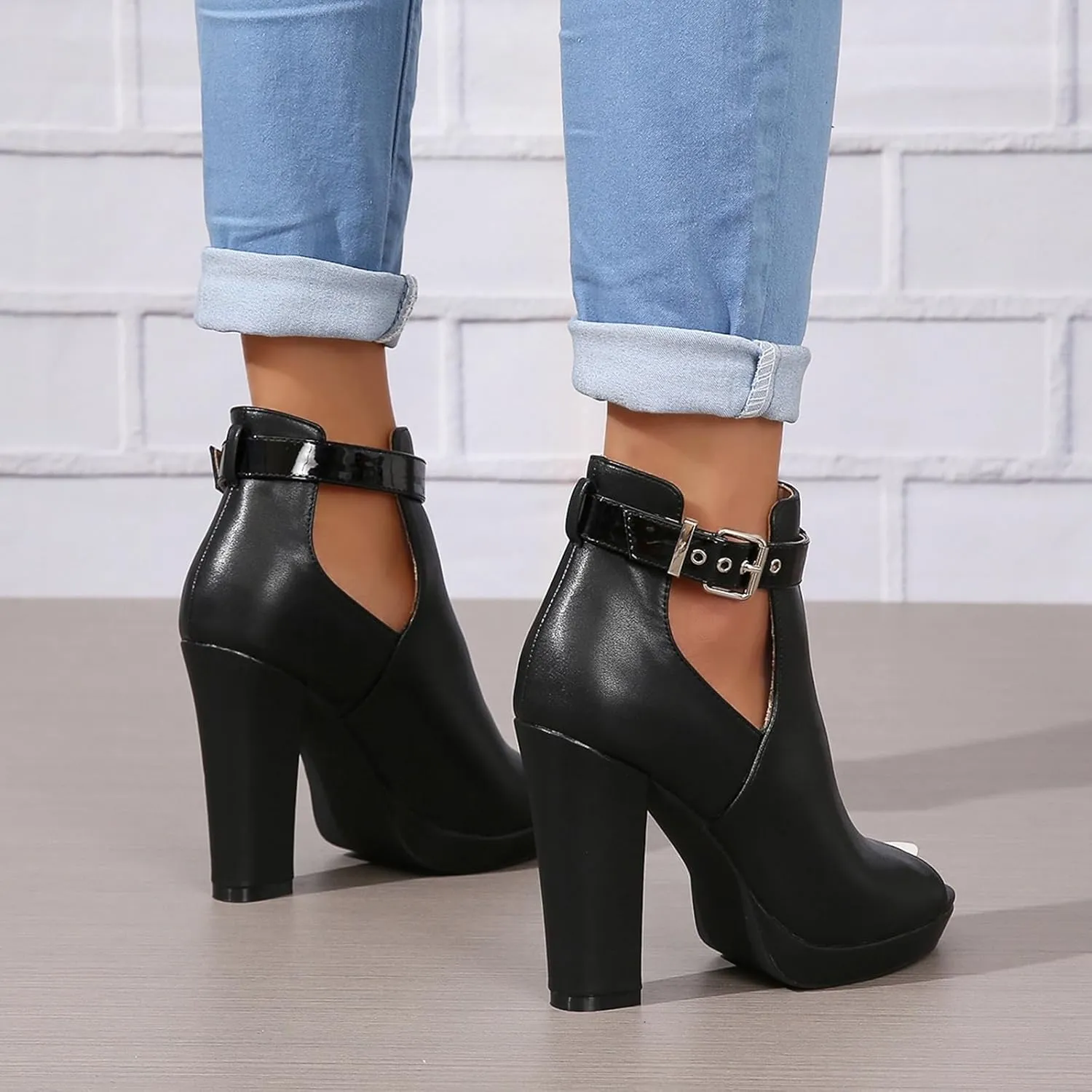 SACFOF Women's Cutout Peep Toe Stacked Chunky Heels Sandals Summer Ankle Strap Buckle High Heel Booties