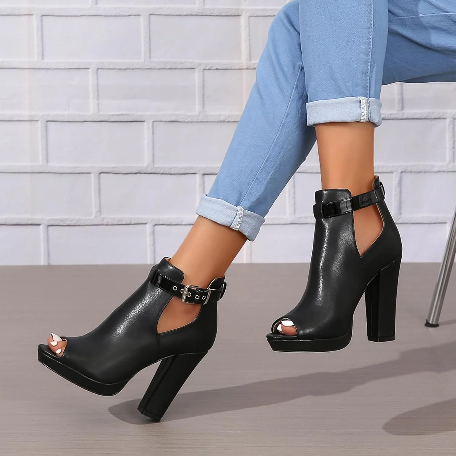SACFOF Women's Cutout Peep Toe Stacked Chunky Heels Sandals Summer Ankle Strap Buckle High Heel Booties