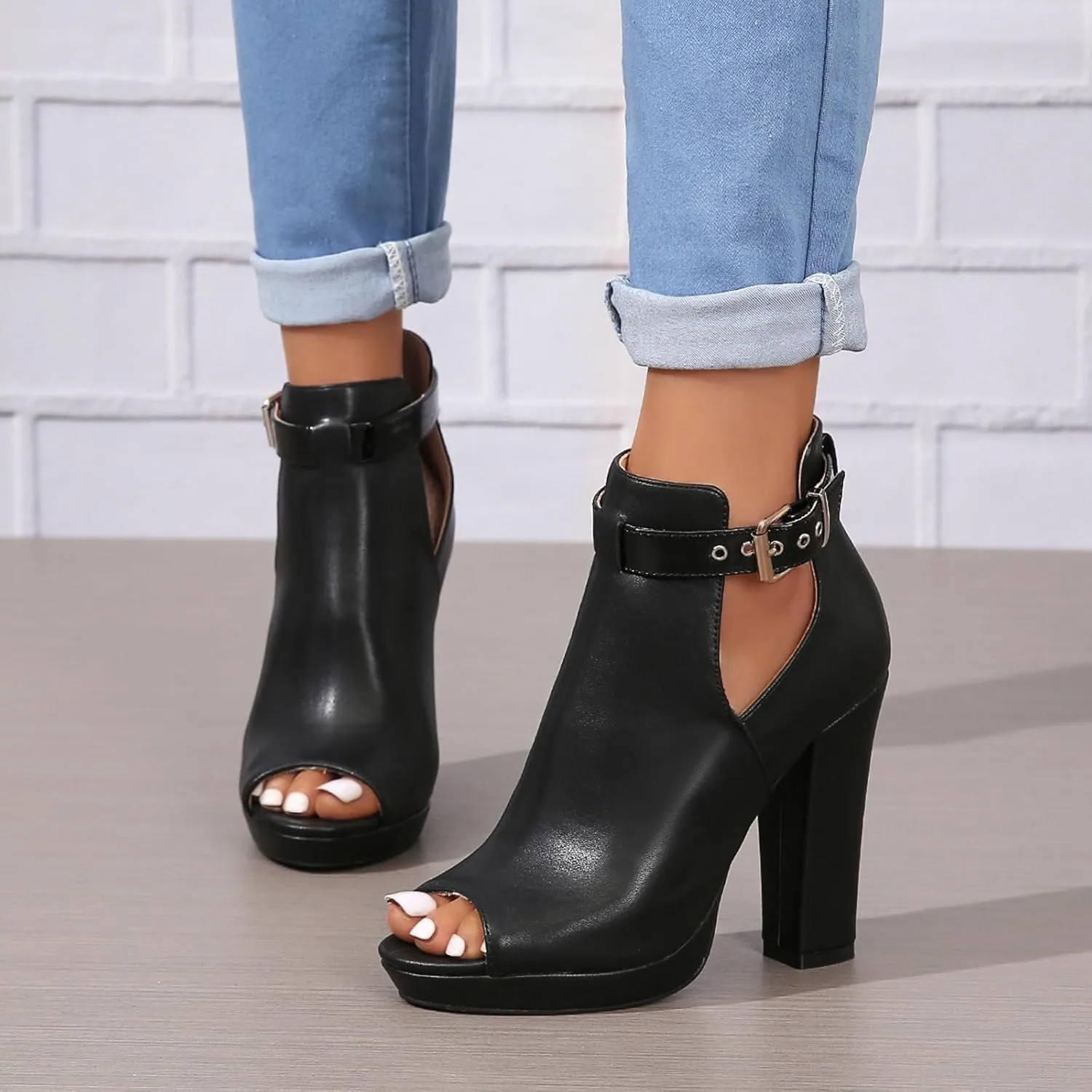 SACFOF Women's Cutout Peep Toe Stacked Chunky Heels Sandals Summer Ankle Strap Buckle High Heel Booties