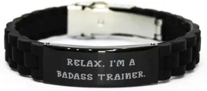 Sarcastic Trainer Gifts, Relax. I'm a, Funny Black Glidelock Clasp Bracelet For Colleagues, Engraved Bracelet From Friends