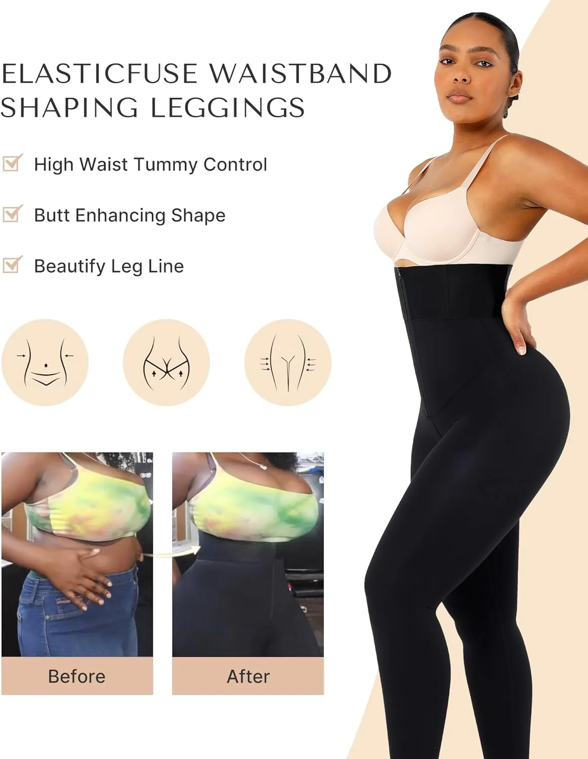 SHAPELLX Women High Waist Leggings Tummy Control ElasticFuse Waistband Shaping Leggings Waist Trainer Yoga Pants