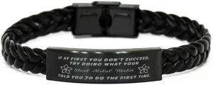 Sheet Metal Worker Braided Leather Bracelet, If at first you don't succeed, try doing what your athletic trainer told you to do the first time., Laser Engraved, Stainless Steel Wristband