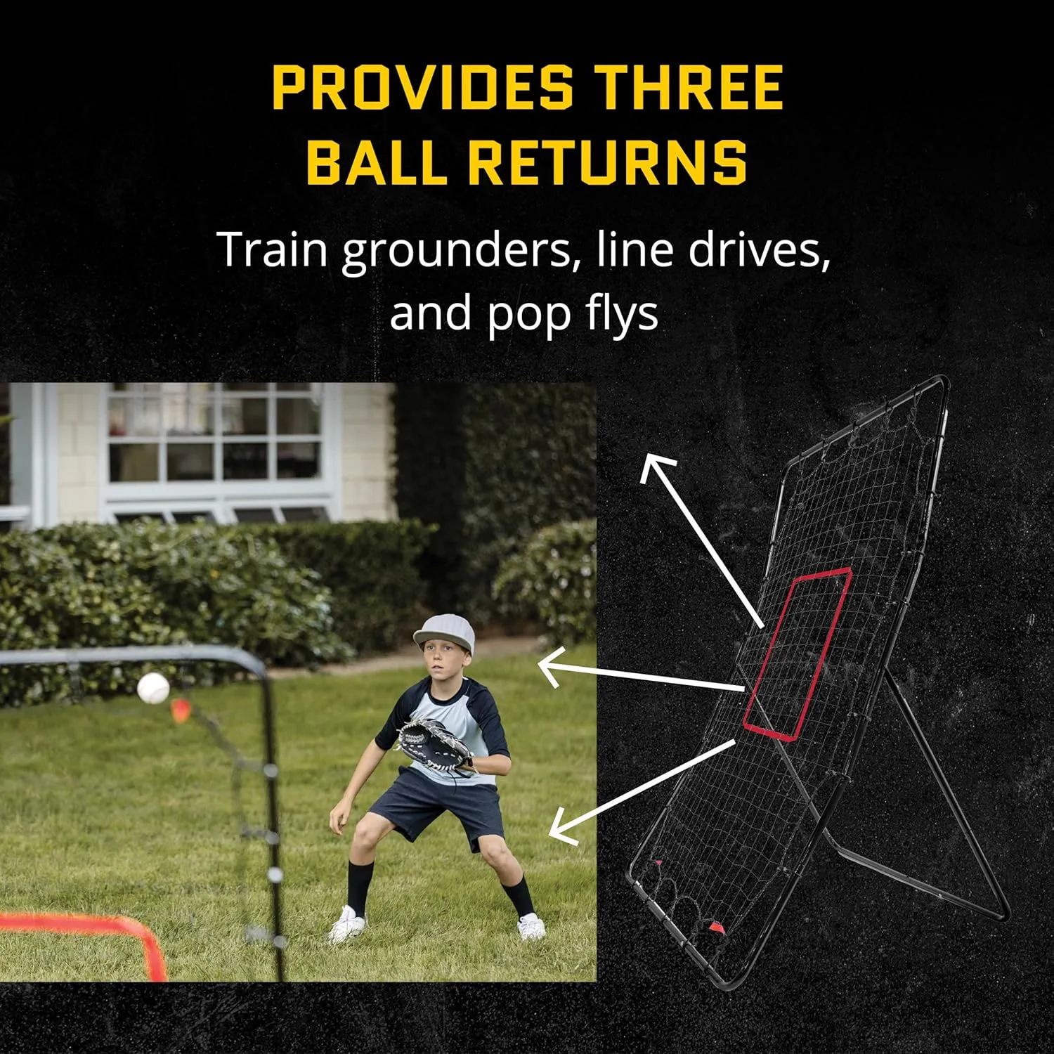 SKLZ Fielding Trainer - Baseball & Softball Pitch-Back Rebound Net - Ground, Line Drive & Fly Ball Return Settings - 4 x 4.5-Foot Steel Frame, UV & Weather Resistant Bungee Net, Easy-Fold Design
