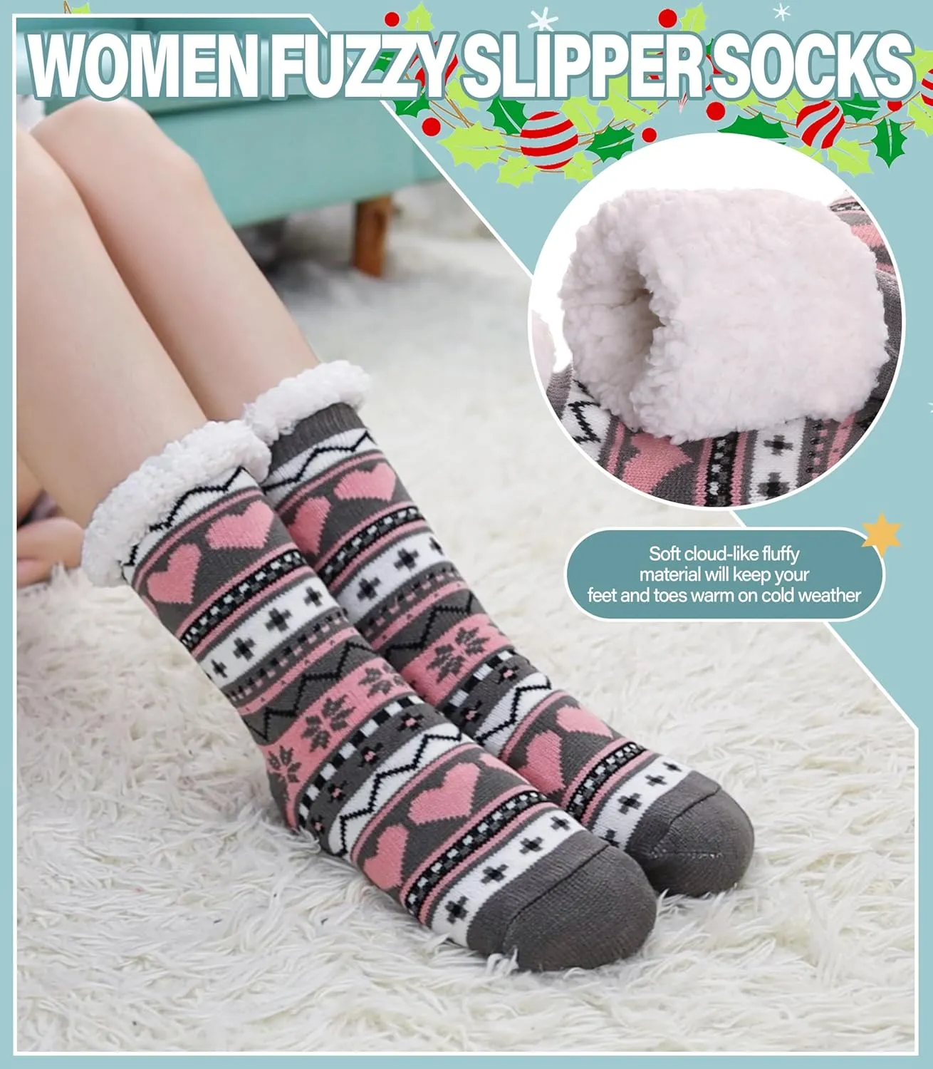 Slipper Socks for Women Fuzzy Non Slip Winter Thick Warm Soft Cozy Fleece Lining Home Socks with Grippers