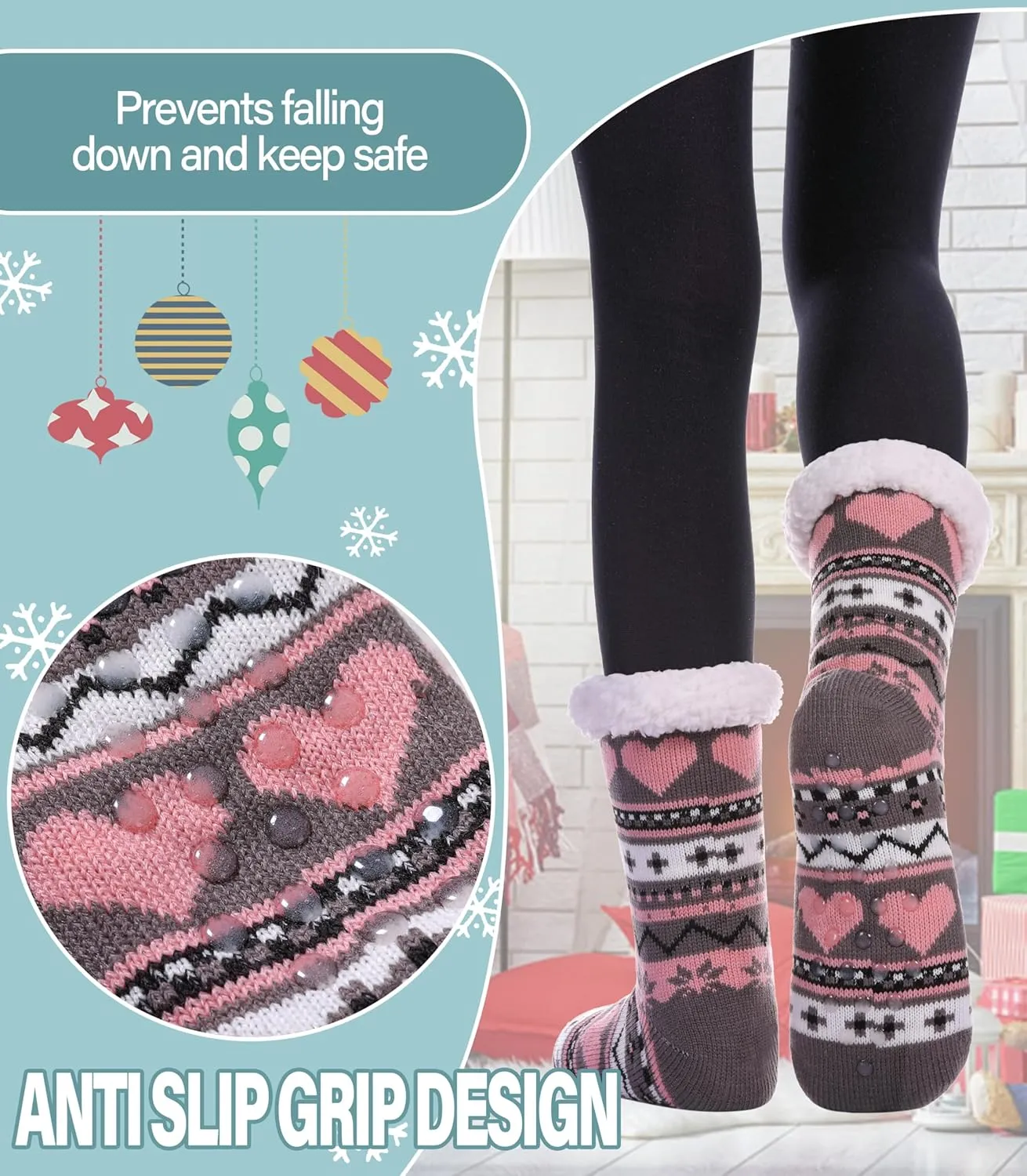 Slipper Socks for Women Fuzzy Non Slip Winter Thick Warm Soft Cozy Fleece Lining Home Socks with Grippers